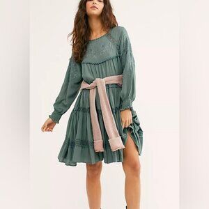 Free People Piece of Your Heart Mini Dress Tiered Flowy Green Sz Small